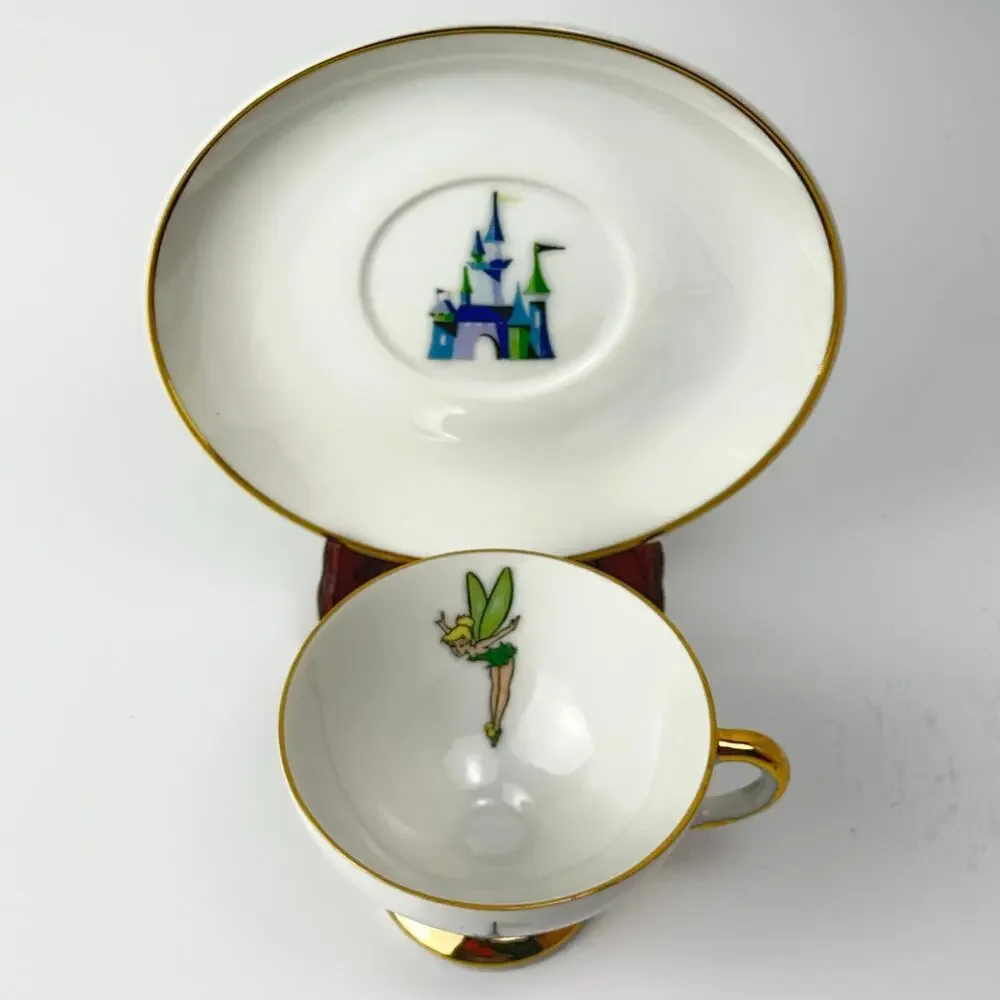 Vintage Disneyland Tinker Bell Teacup Saucer Gold Trim Footed Cup Disneyana Rare